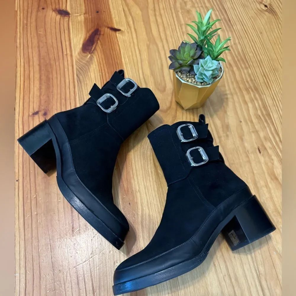 Homers Artisan Black Suede Leather Buckle Ankle Boots Women’s Size 39/8.5 Spain